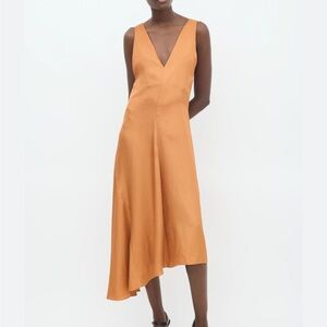 Tibi Orange Asymmetric V-Neck Midi Dress